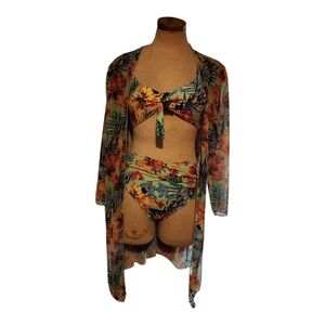 3pc Floral Print Knot Frint Bikini Swimsuit & Kimono Size Medium